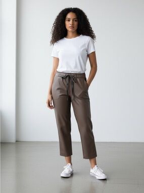 NWT Robell Kati 09 Faux Leather Drawstring Waist Slim Fit Trouser in Grey Sz 14